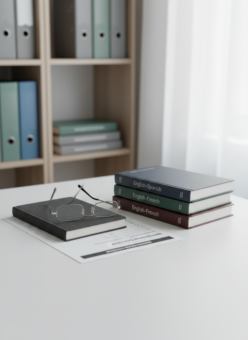 An elegant, minimalist consultation table scene featuring a neatly stacked set of bilingual dictionaries, a closed dark-gray notebook with a fine-grain texture, and a pair of slim-framed reading glasses resting atop a printed checklist form with tidy checkboxes and headings. The table is a smooth matte white surface, set against a softly blurred background of neutral-toned shelves filled with binders and reference materials. Natural daylight streams in from the right, diffused by sheer curtains, creating soft highlights along the notebookâ€™s edge and a calm, even illumination. Photographic realism, shot from a slightly elevated angle with moderate depth of field, conveying a professional, supportive environment for immigration guidance and document preparation.