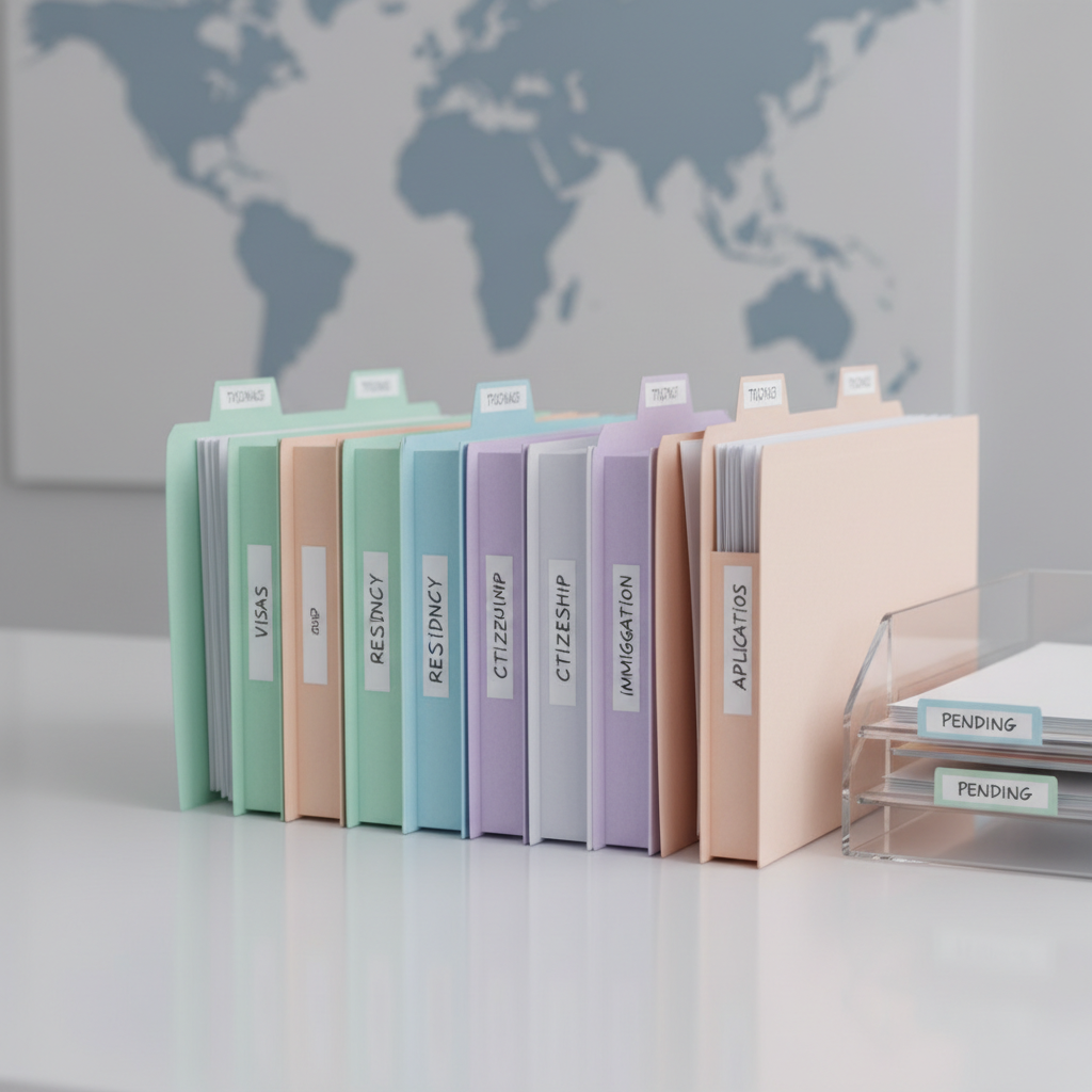 A close-up of a meticulously organized folder system on a sleek white desk, featuring labeled pastel-colored file folders that read generic terms like â€œVisas,â€ â€œResidency,â€ and â€œCitizenshipâ€ without specific country names. Inside, neatly aligned document edges and paperclips add subtle texture. A translucent acrylic document tray holds a few pending files, while a minimalist world map print, softly blurred, hangs on a light gray wall in the background. Soft studio lighting from the left creates gentle shadows and highlights on the folder tabs. Photographic realism, eye-level composition with a slightly angled perspective, sharp focus on the labels, and a calm, professional atmosphere suggesting methodical, reliable administrative support.
