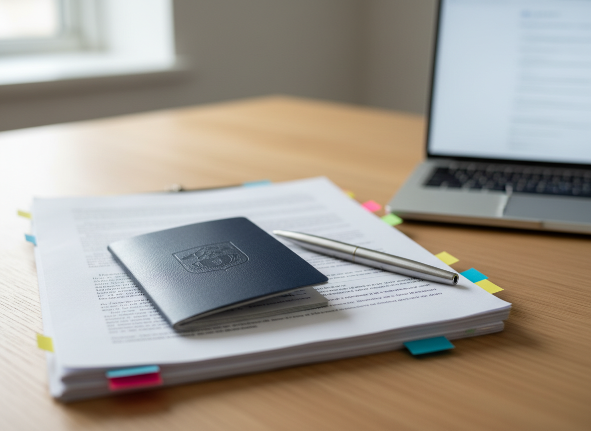 A neatly arranged workspace featuring a closed, navy-blue passport with a subtle embossed crest, resting atop a crisp stack of official-looking white documents with visible but unreadable printed text and small colored sticky flags. A silver metal pen lies diagonally across the top page. The scene is set on a smooth light-oak desk beside a slim modern laptop, its screen softly glowing out of focus. Diffused daylight from an unseen window washes the surface, creating gentle reflections on the passportâ€™s textured cover and pen. Photographic realism with a clean, modern, professional aesthetic, shot at eye level with shallow depth of field, conveying clarity, organization, and trustworthy immigration and paperwork support.